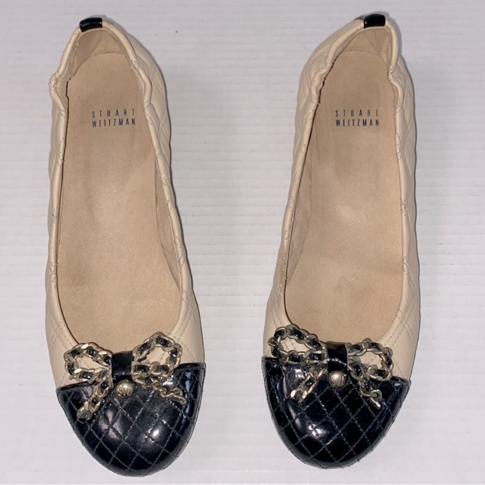 Stuart Weitzman Cream and Black Quilted Flats